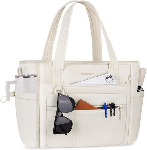 MOSISO Laptop Tote Bag for Women, Puffy Lightweight Work Tote Bag with Laptop Compartment & Trolley Belt, 15.6 inch Large Capacity Handbag Shoulder Bags for College Teacher Work Office Nurse, Beige in Saudi Arabia