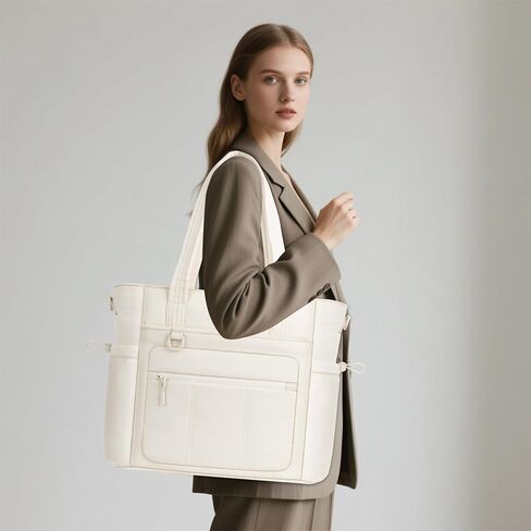 MOSISO Laptop Tote Bag for Women, Puffy Lightweight Work Tote Bag with Laptop Compartment & Trolley Belt, 15.6 inch Large Capacity Handbag Shoulder Bags for College Teacher Work Office Nurse, Beige in Saudi Arabia