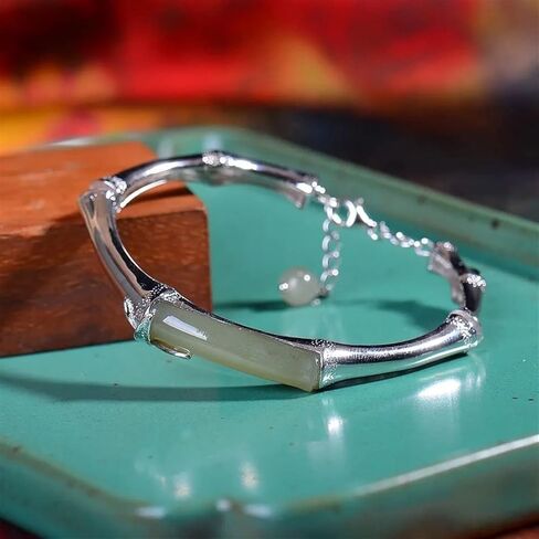 الطبيعية اليشم الأخضر اليشم الخيزران سوار S925 فضة سوار مفتوح لإعطاء أمي ريترو ستايل المرأة سوار مرصع باليشم in Kuwait
