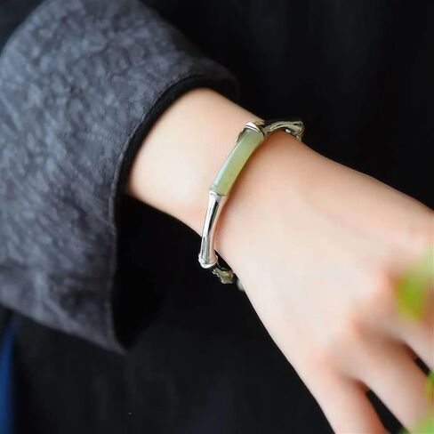 الطبيعية اليشم الأخضر اليشم الخيزران سوار S925 فضة سوار مفتوح لإعطاء أمي ريترو ستايل المرأة سوار مرصع باليشم in Kuwait