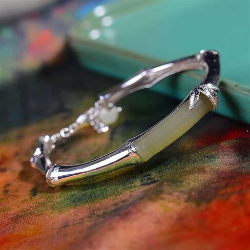 الطبيعية اليشم الأخضر اليشم الخيزران سوار S925 فضة سوار مفتوح لإعطاء أمي ريترو ستايل المرأة سوار مرصع باليشم in Kuwait