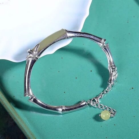 الطبيعية اليشم الأخضر اليشم الخيزران سوار S925 فضة سوار مفتوح لإعطاء أمي ريترو ستايل المرأة سوار مرصع باليشم in Kuwait