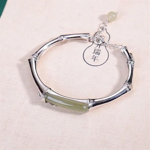 الطبيعية اليشم الأخضر اليشم الخيزران سوار S925 فضة سوار مفتوح لإعطاء أمي ريترو ستايل المرأة سوار مرصع باليشم in Kuwait