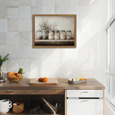 مؤطرة خمر المطبخ قماش جدار الفن، ريفي مزرعة ميسون جرة صور جدار ديكور، البلد التوابل لا تزال لوحات الحياة يطبع ديكور المنزل الفني لغرفة الطعام 12x16 بوصة in Kuwait
