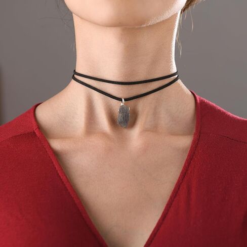 RareLove Black Leather Layering Choker Necklace for Women Natural Labradorite Stone Pendant Gothic Boho Jewelry Healing Crystal Anxiety Necklace in Saudi Arabia