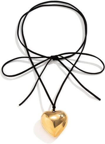 PLOUTOS Heart Bow Tie Lariat Pendant Wrap Choker Necklace For Women Statement Y2K Gothic Minimalist Black Cord Adjustable Long Strand Gold Hue Fashion in Saudi Arabia
