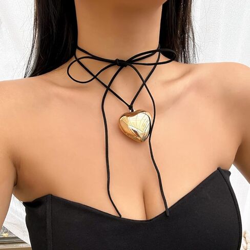 PLOUTOS Heart Bow Tie Lariat Pendant Wrap Choker Necklace For Women Statement Y2K Gothic Minimalist Black Cord Adjustable Long Strand Gold Hue Fashion in Saudi Arabia