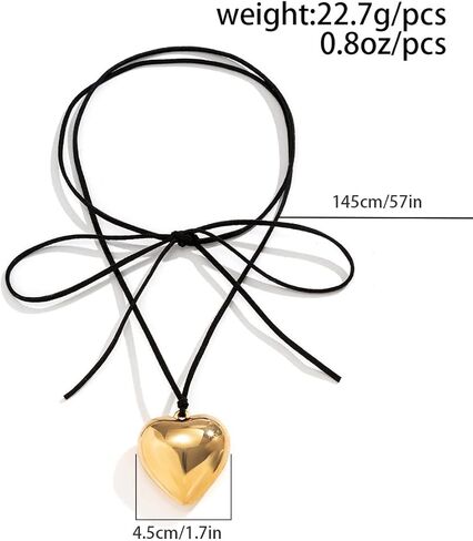 PLOUTOS Heart Bow Tie Lariat Pendant Wrap Choker Necklace For Women Statement Y2K Gothic Minimalist Black Cord Adjustable Long Strand Gold Hue Fashion in Saudi Arabia