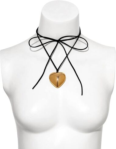 PLOUTOS Heart Bow Tie Lariat Pendant Wrap Choker Necklace For Women Statement Y2K Gothic Minimalist Black Cord Adjustable Long Strand Gold Hue Fashion in Saudi Arabia