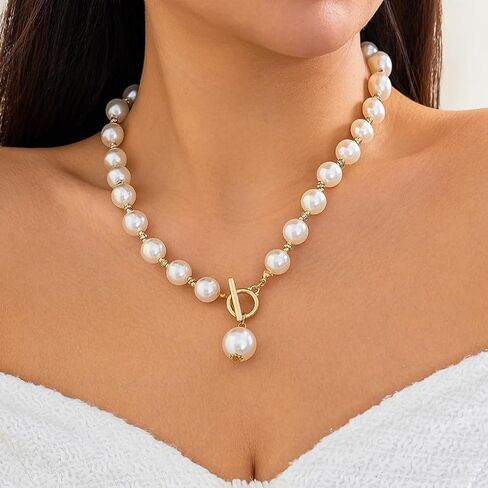 خمر اللؤلؤ مكتنزة قلادة للنساء، الذهب اللؤلؤ الكبير مطرز Ot تبديل بيان قلادة، العصرية الزفاف ضيف اللؤلؤ مجوهرات الملحقات in Kuwait