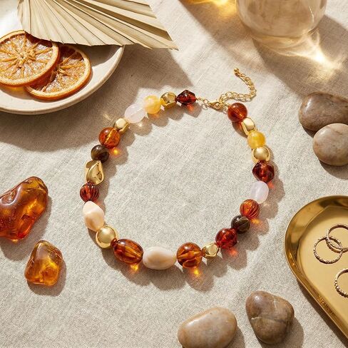 Boho Brown Beads Choker Necklace for Women Trendy Irregular Resin Necklaces Rainbow Bead Choker Neckalce Jewelry in Kuwait