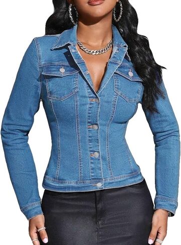 Women Cropped Denim Jacket Lapel Button Down Long Sleeve Slim Fitted Stretchy Short Jean Jacket with Pockets in Kuwait
