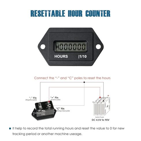 Runleader Digital LCD Hour Counter,DC 4.5V to 90V, Programmable Total Hours Meter, Working Data Storage, Waterproof Design for DC Powered Garden Tractor Golf cart Go-Kart Forklift Snowmobile etc in Saudi Arabia