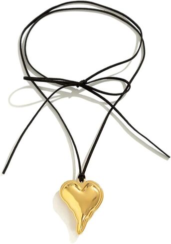 PLOUTOS Heart Bow Tie Lariat Pendant Wrap Choker Necklace For Women Statement Y2K Gothic Minimalist Black Cord Adjustable Long Strand Gold Hue Fashion in Kuwait