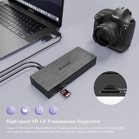 محطة إرساء WAVLINK Universal USB C شاشات مزدوجة، قاعدة Displaylink USB C، شحن 100 واط PD لجهاز MacBook M1/M2، Thunderbolt 4/3، USB-C Windows Mac، 2 DisplayPort & 2 HDMI، Ethernet، صوت in Kuwait