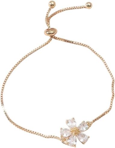 Gold Adjustable Cubic Zirconia Flower Drawstring Bracelet - Crystal Diamond Floral Hand Chain Jewelry for Women | Luxurious Adjustable Flower Bracelet for Date Nights, Valentine's Gifts & Daily Wear in Kuwait