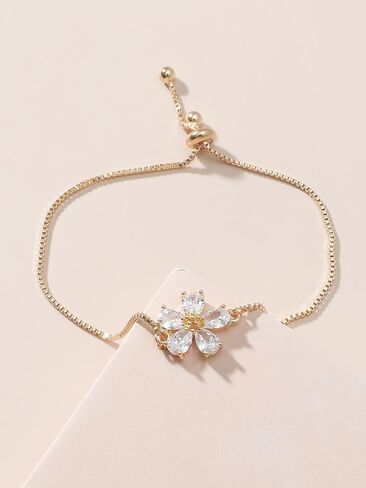 Gold Adjustable Cubic Zirconia Flower Drawstring Bracelet - Crystal Diamond Floral Hand Chain Jewelry for Women | Luxurious Adjustable Flower Bracelet for Date Nights, Valentine's Gifts & Daily Wear in Kuwait