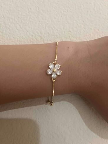 Gold Adjustable Cubic Zirconia Flower Drawstring Bracelet - Crystal Diamond Floral Hand Chain Jewelry for Women | Luxurious Adjustable Flower Bracelet for Date Nights, Valentine's Gifts & Daily Wear in Kuwait