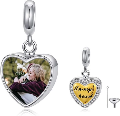 Personalized Heart Photo Cremation Urn Charm for Ashes 925 Sterling Silver Custom 2 Picture Image Bead Fit Snake Bracelet Keepsake Memorial Locket for Women Mom in Saudi Arabia