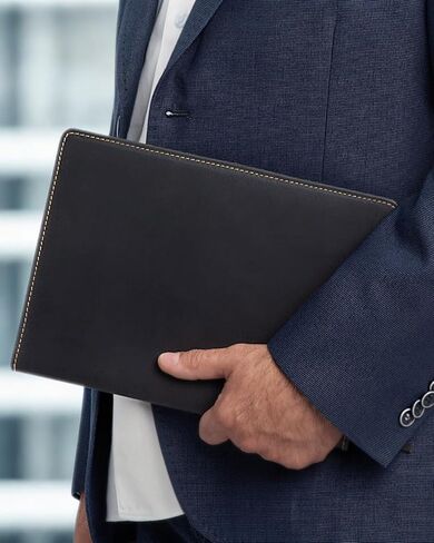 Theodore Black Leather Notebook Cover 7.8 x 10.8 Inch with Journal - Padfolio for Tablet, Phone, Notebook, Business Cards, Pen & Phone Pockets - Fits Moleskine XL Notebooks in Kuwait