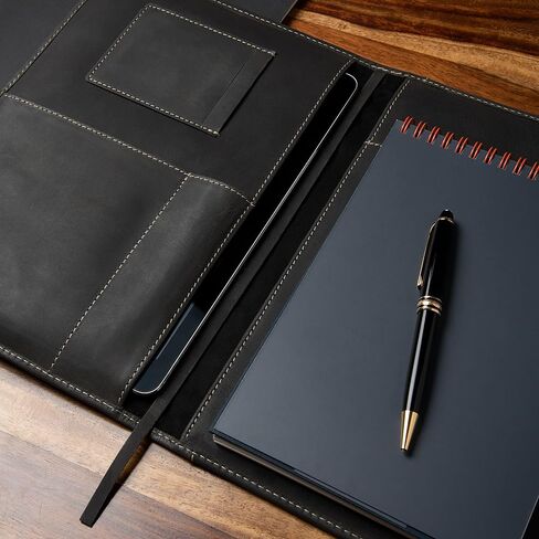 Theodore Black Leather Notebook Cover 7.8 x 10.8 Inch with Journal - Padfolio for Tablet, Phone, Notebook, Business Cards, Pen & Phone Pockets - Fits Moleskine XL Notebooks in Kuwait