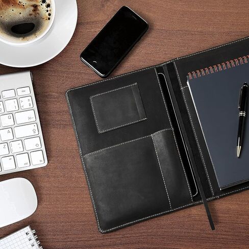Theodore Black Leather Notebook Cover 7.8 x 10.8 Inch with Journal - Padfolio for Tablet, Phone, Notebook, Business Cards, Pen & Phone Pockets - Fits Moleskine XL Notebooks in Kuwait