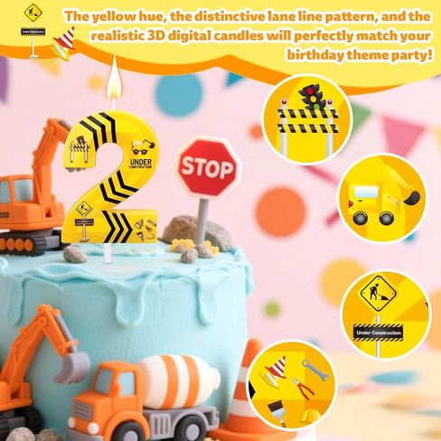 Construction Birthday Candles, Black Striped Happy Birthday Number Candle Yellow and Black Construction Cake Topper Theme Cake Decoration for Boys Girls Party Supplies(Number 2) in Saudi Arabia
