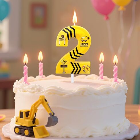 Construction Birthday Candles, Black Striped Happy Birthday Number Candle Yellow and Black Construction Cake Topper Theme Cake Decoration for Boys Girls Party Supplies(Number 2) in Saudi Arabia