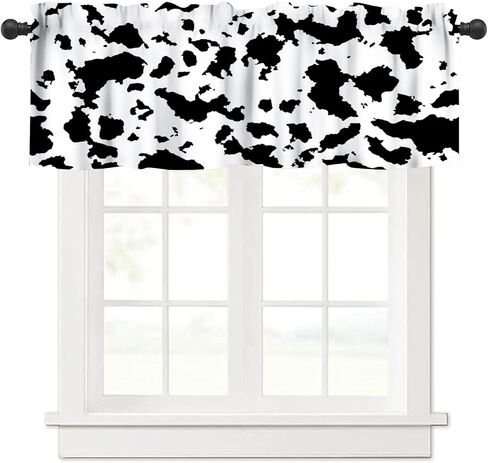 ستارة الستارة من جلد البقر للمطبخ بسيطة عتيقة باللونين الأسود والأبيض من نسيج البقرة الحيوانية مطبوعة على النوافذ ستائر لغرفة المعيشة وغرفة النوم، 54 × 18 بوصة 1P in Kuwait