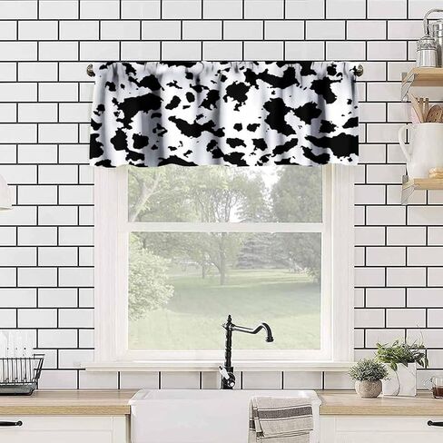 ستارة الستارة من جلد البقر للمطبخ بسيطة عتيقة باللونين الأسود والأبيض من نسيج البقرة الحيوانية مطبوعة على النوافذ ستائر لغرفة المعيشة وغرفة النوم، 54 × 18 بوصة 1P in Kuwait