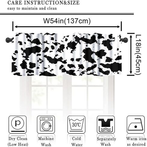 ستارة الستارة من جلد البقر للمطبخ بسيطة عتيقة باللونين الأسود والأبيض من نسيج البقرة الحيوانية مطبوعة على النوافذ ستائر لغرفة المعيشة وغرفة النوم، 54 × 18 بوصة 1P in Kuwait