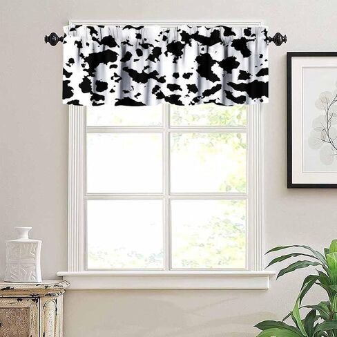 ستارة الستارة من جلد البقر للمطبخ بسيطة عتيقة باللونين الأسود والأبيض من نسيج البقرة الحيوانية مطبوعة على النوافذ ستائر لغرفة المعيشة وغرفة النوم، 54 × 18 بوصة 1P in Kuwait