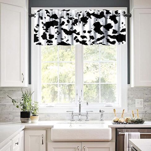 ستارة الستارة من جلد البقر للمطبخ بسيطة عتيقة باللونين الأسود والأبيض من نسيج البقرة الحيوانية مطبوعة على النوافذ ستائر لغرفة المعيشة وغرفة النوم، 54 × 18 بوصة 1P in Kuwait