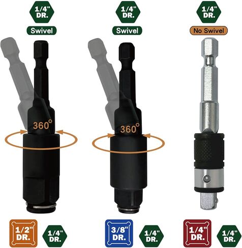 مجموعة محول مقبس الصدمات الدوارة 2 في 1 من KESI، 3 قطع، متعددة الوظائف، 1/4 بوصة، 3/8 بوصة، 1/2 بوصة، درجة التأثير، دوران 360 درجة، حامل لقم مغناطيسي، فولاذ Cr-Mo، براءة اختراع أمريكية، مثقاب كهربائي ومفتاح ربط in Kuwait