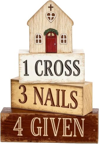 Easter Decorations - Christian Easter Tiered Tray Decor - 1 Cross 3 Nails 4 Given Wooden Tabletop Sign - Religious Farmhouse Easter Home Decor for Shelf Mantel Indoor - Spring Home Decor for Living Room, Kitchen Counter in Saudi Arabia