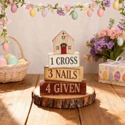 Easter Decorations - Christian Easter Tiered Tray Decor - 1 Cross 3 Nails 4 Given Wooden Tabletop Sign - Religious Farmhouse Easter Home Decor for Shelf Mantel Indoor - Spring Home Decor for Living Room, Kitchen Counter in Saudi Arabia