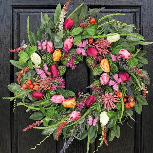 Wreaths for Front Door 24 Inch Artificial Spring Wreath with Tulip,Roses,Eucalyptus Leaf, Berry, Butterflies,Summer Wreath for Home Wall Porch Window Easter Year-Round Indoor/Outdoor Decor in Saudi Arabia