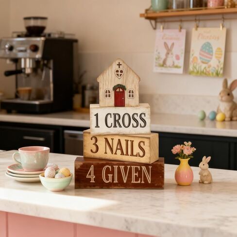 Easter Decorations - Christian Easter Tiered Tray Decor - 1 Cross 3 Nails 4 Given Wooden Tabletop Sign - Religious Farmhouse Easter Home Decor for Shelf Mantel Indoor - Spring Home Decor for Living Room, Kitchen Counter in Saudi Arabia