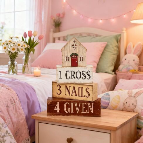 Easter Decorations - Christian Easter Tiered Tray Decor - 1 Cross 3 Nails 4 Given Wooden Tabletop Sign - Religious Farmhouse Easter Home Decor for Shelf Mantel Indoor - Spring Home Decor for Living Room, Kitchen Counter in Saudi Arabia