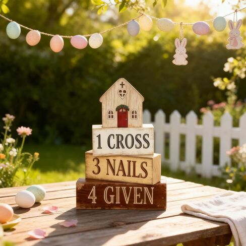 Easter Decorations - Christian Easter Tiered Tray Decor - 1 Cross 3 Nails 4 Given Wooden Tabletop Sign - Religious Farmhouse Easter Home Decor for Shelf Mantel Indoor - Spring Home Decor for Living Room, Kitchen Counter in Saudi Arabia