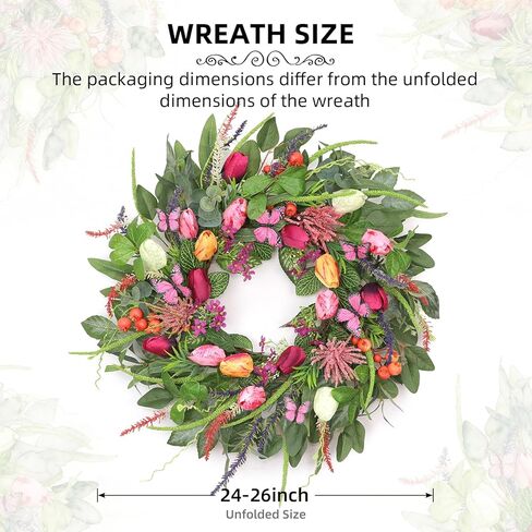 Wreaths for Front Door 24 Inch Artificial Spring Wreath with Tulip,Roses,Eucalyptus Leaf, Berry, Butterflies,Summer Wreath for Home Wall Porch Window Easter Year-Round Indoor/Outdoor Decor in Saudi Arabia