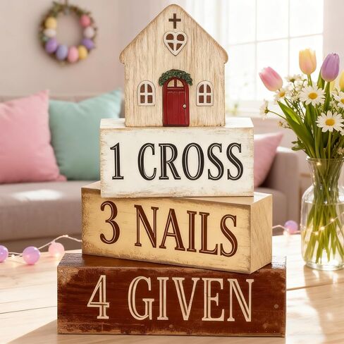 Easter Decorations - Christian Easter Tiered Tray Decor - 1 Cross 3 Nails 4 Given Wooden Tabletop Sign - Religious Farmhouse Easter Home Decor for Shelf Mantel Indoor - Spring Home Decor for Living Room, Kitchen Counter in Saudi Arabia