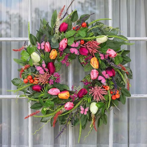 Wreaths for Front Door 24 Inch Artificial Spring Wreath with Tulip,Roses,Eucalyptus Leaf, Berry, Butterflies,Summer Wreath for Home Wall Porch Window Easter Year-Round Indoor/Outdoor Decor in Saudi Arabia