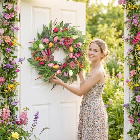 Wreaths for Front Door 24 Inch Artificial Spring Wreath with Tulip,Roses,Eucalyptus Leaf, Berry, Butterflies,Summer Wreath for Home Wall Porch Window Easter Year-Round Indoor/Outdoor Decor in Saudi Arabia
