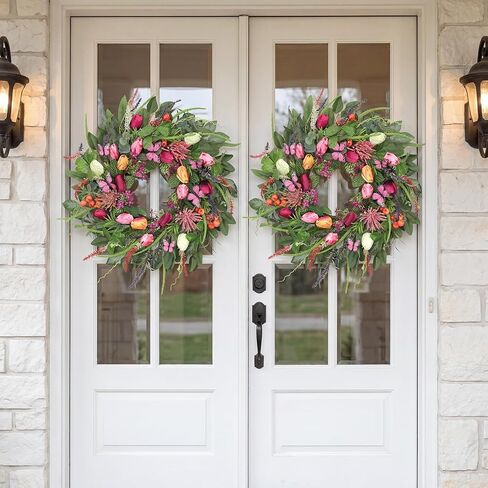 Wreaths for Front Door 24 Inch Artificial Spring Wreath with Tulip,Roses,Eucalyptus Leaf, Berry, Butterflies,Summer Wreath for Home Wall Porch Window Easter Year-Round Indoor/Outdoor Decor in Saudi Arabia