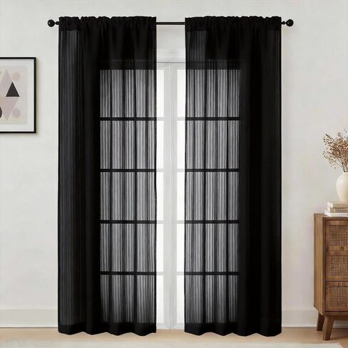 ستائر سوداء شفافة بطول 84 بوصة - ستائر شفافة مقلمة عموديًا للخصوصية، ستائر جيب ناعمة متجددة الهواء لغرفة المعيشة، لوحتان، كل منها 42 عرض × 84 طول بوصة in Kuwait