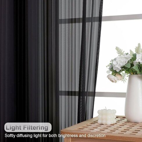 ستائر سوداء شفافة بطول 84 بوصة - ستائر شفافة مقلمة عموديًا للخصوصية، ستائر جيب ناعمة متجددة الهواء لغرفة المعيشة، لوحتان، كل منها 42 عرض × 84 طول بوصة in Kuwait