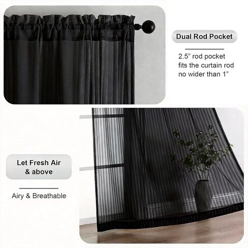 ستائر سوداء شفافة بطول 84 بوصة - ستائر شفافة مقلمة عموديًا للخصوصية، ستائر جيب ناعمة متجددة الهواء لغرفة المعيشة، لوحتان، كل منها 42 عرض × 84 طول بوصة in Kuwait