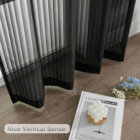 ستائر سوداء شفافة بطول 84 بوصة - ستائر شفافة مقلمة عموديًا للخصوصية، ستائر جيب ناعمة متجددة الهواء لغرفة المعيشة، لوحتان، كل منها 42 عرض × 84 طول بوصة in Kuwait