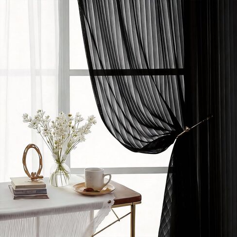 ستائر سوداء شفافة بطول 84 بوصة - ستائر شفافة مقلمة عموديًا للخصوصية، ستائر جيب ناعمة متجددة الهواء لغرفة المعيشة، لوحتان، كل منها 42 عرض × 84 طول بوصة in Kuwait